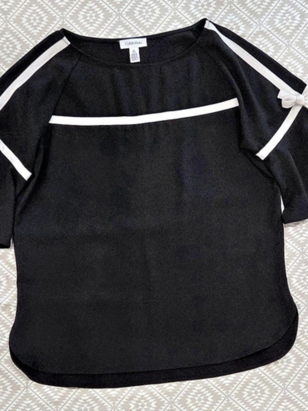 Calvin Klein White & Black Trim Bell Sleeve Blouse - Size M